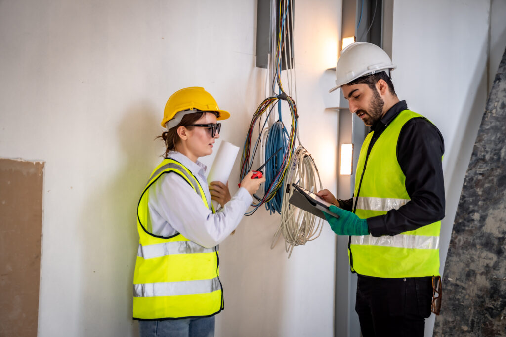 Engineer inspect building structure technicians looking at analy